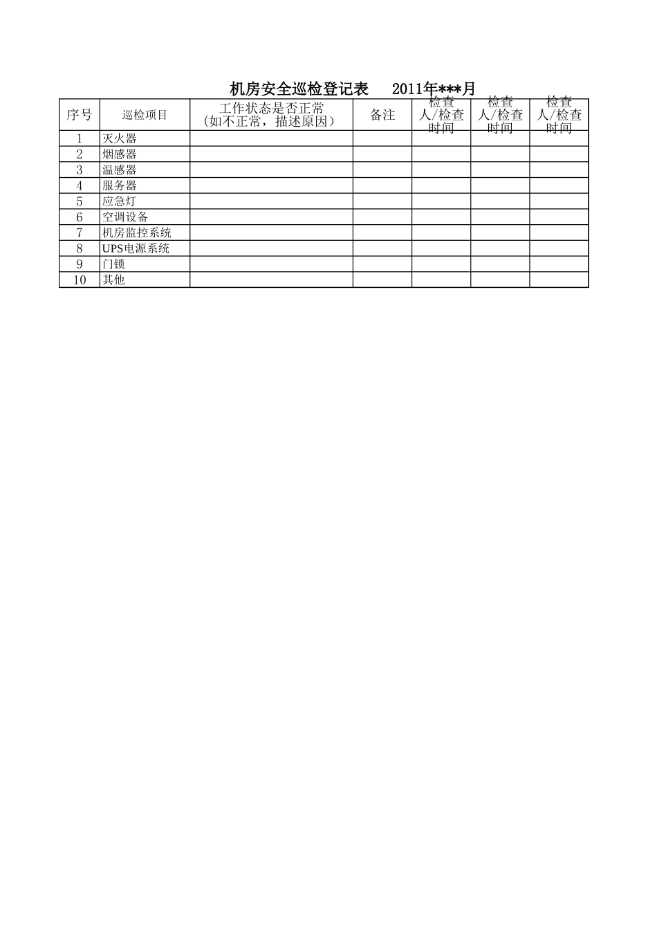 企业管理_信息安全管理（ISO27001标准制定）_ISO27001-2_三级文档_物理和环境安全_XX_3_SYS_办公楼机房管理办法_XX_4_办公机房安全巡检登记表_第1页