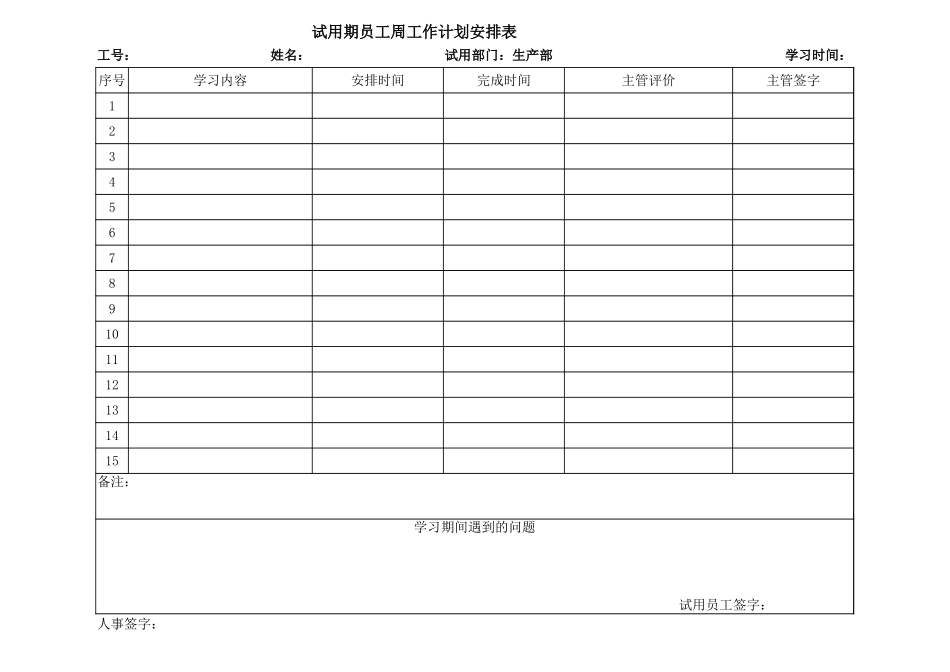 企业管理_人事管理制度_3-人事管理_0-试用期管理_0-1试用期管理-试用期工作计划_试用期员工周工作计划安排表_第1页