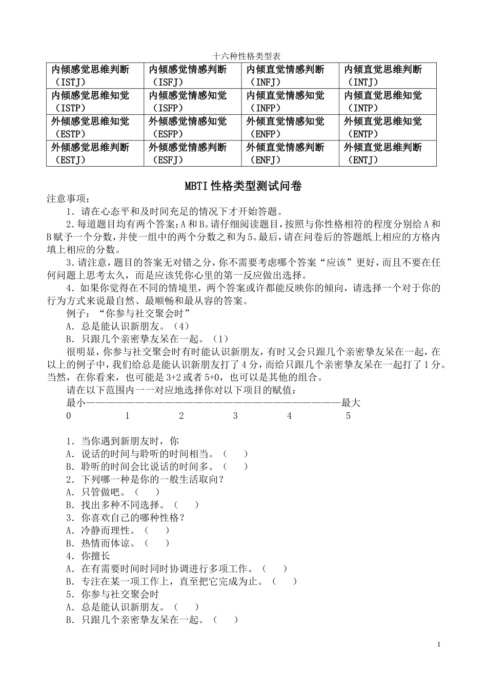 企业管理_人事管理制度_14-人才评估及管理制度_1-人才测评_1.职业性格（MBTI）测评_MBTI职业性格测试及解析(最完整版)_第1页