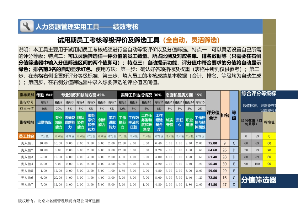 企业管理_薪酬管理工具_试用期员工考核等级评价及筛选工具（全自动，灵活筛选_第1页