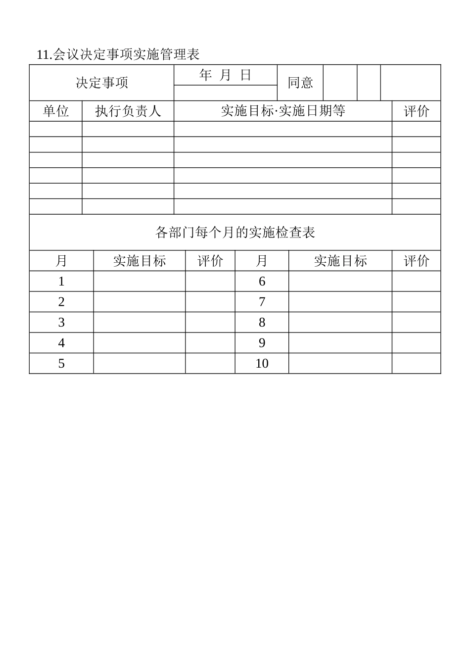 企业管理_行政管理制度_14-会议管理_2-会议管理表格_11.会议决定事项实施管理表_第1页