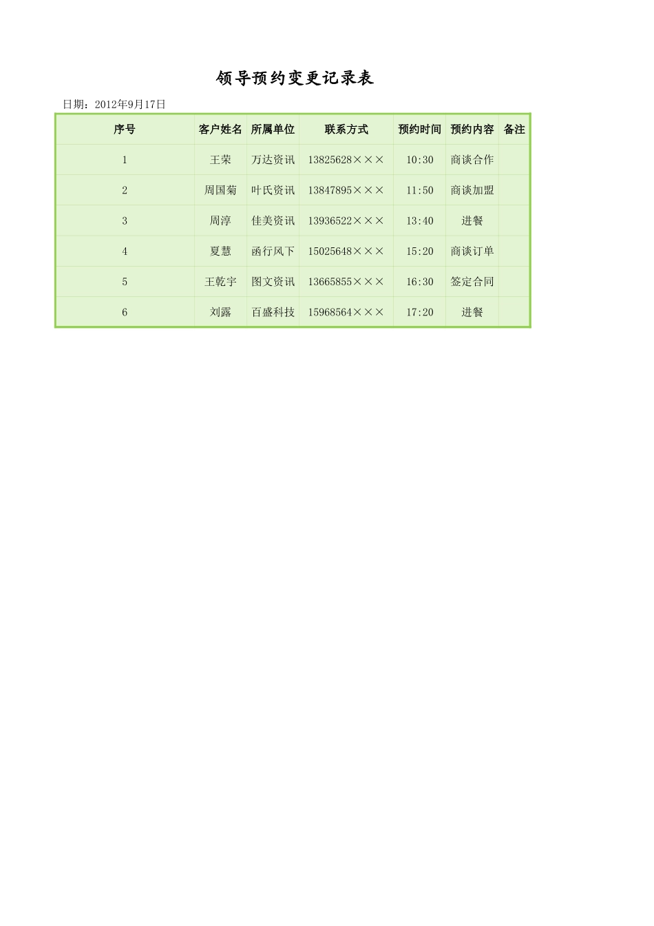 企业管理_行政管理制度_22-行政常用办公表格-188套_领导预约变更记录表_第1页