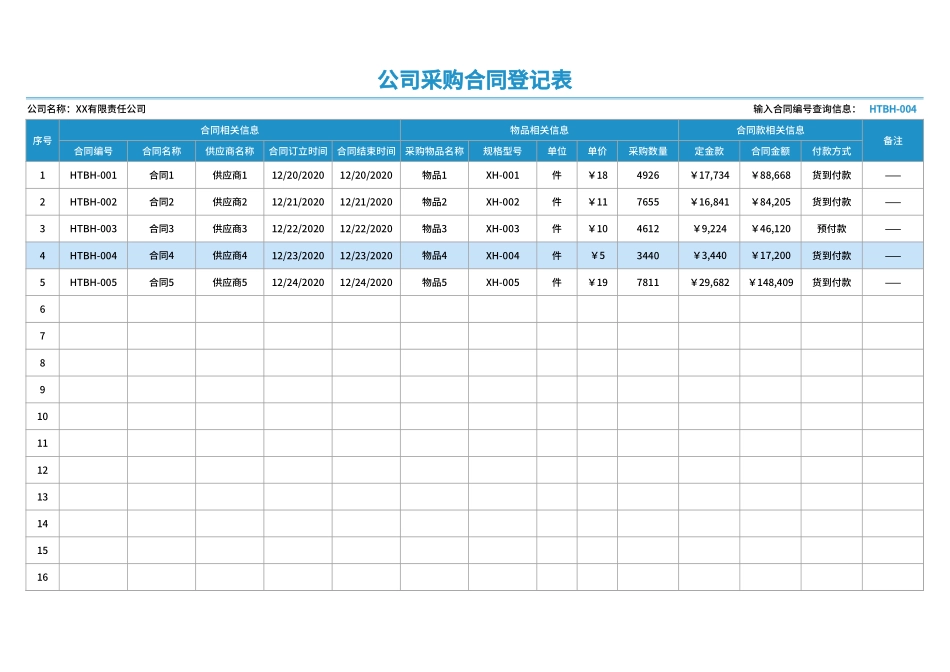 企业管理_采购管理制度_12-采购常用表格大全_301 公司采购合同登记表_第1页