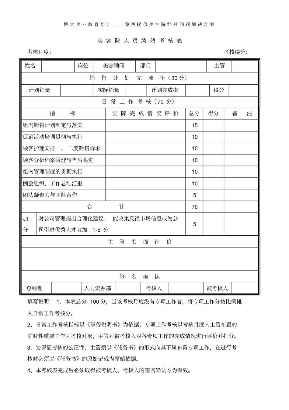 企业管理_人事管理制度_2-薪酬激励制度_0-薪酬管理制度_23-【行业分类】-美容院_美容院人员绩效考核表_第1页