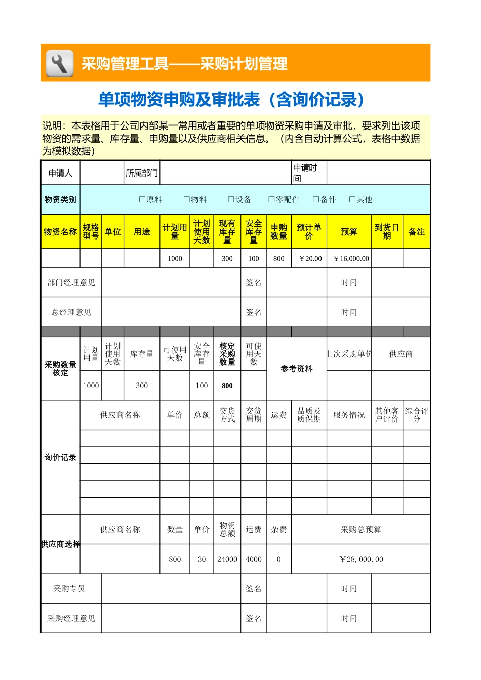 企业管理_采购管理_单项物资申购及审批表（含询价记录）_第1页