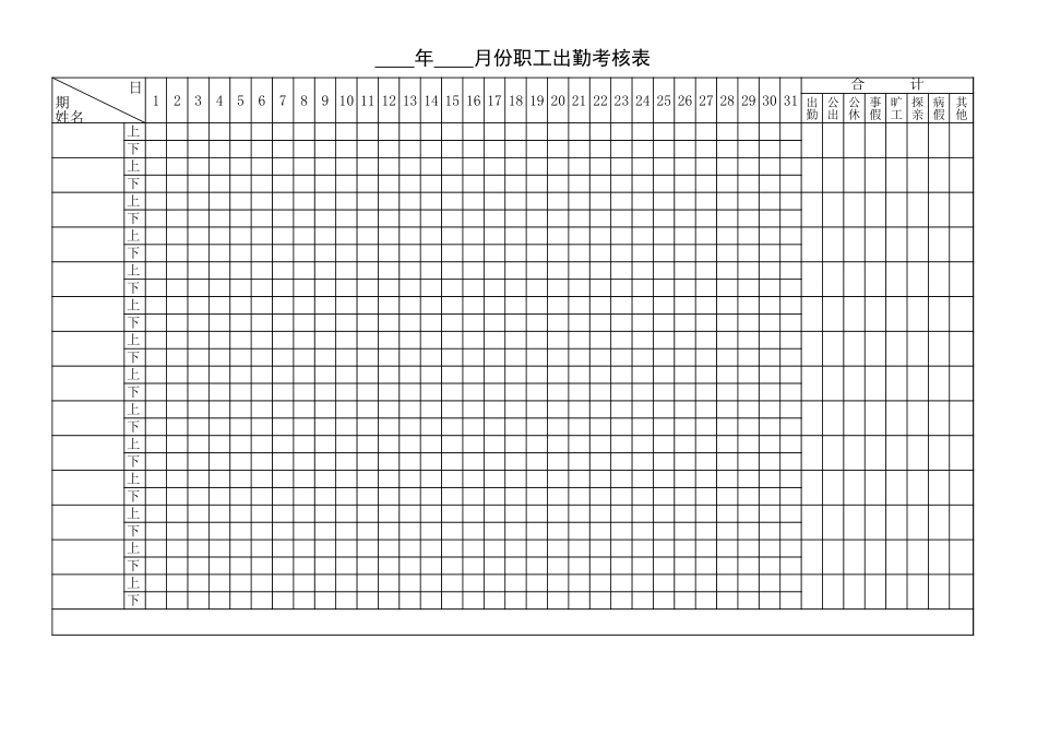 企业管理_人事管理制度_16-人力资源计划_09-人力资源流程图_流程图相关资料_月份职工出勤考核表_第1页