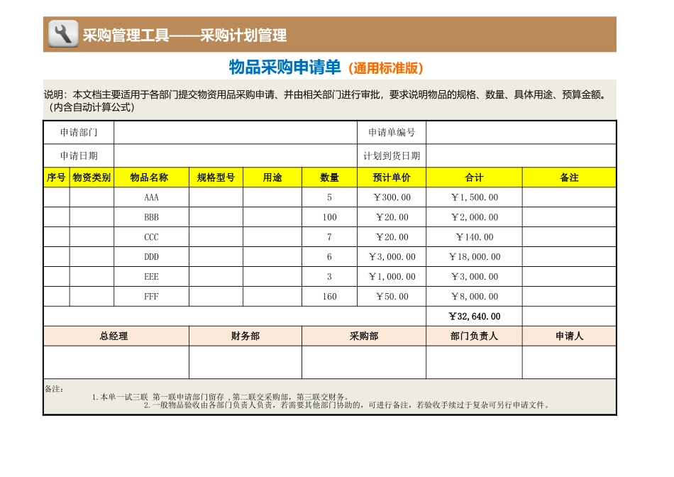 企业管理_采购管理制度_12-采购常用表格大全_370 物品采购申请单（通用标准版）_第1页