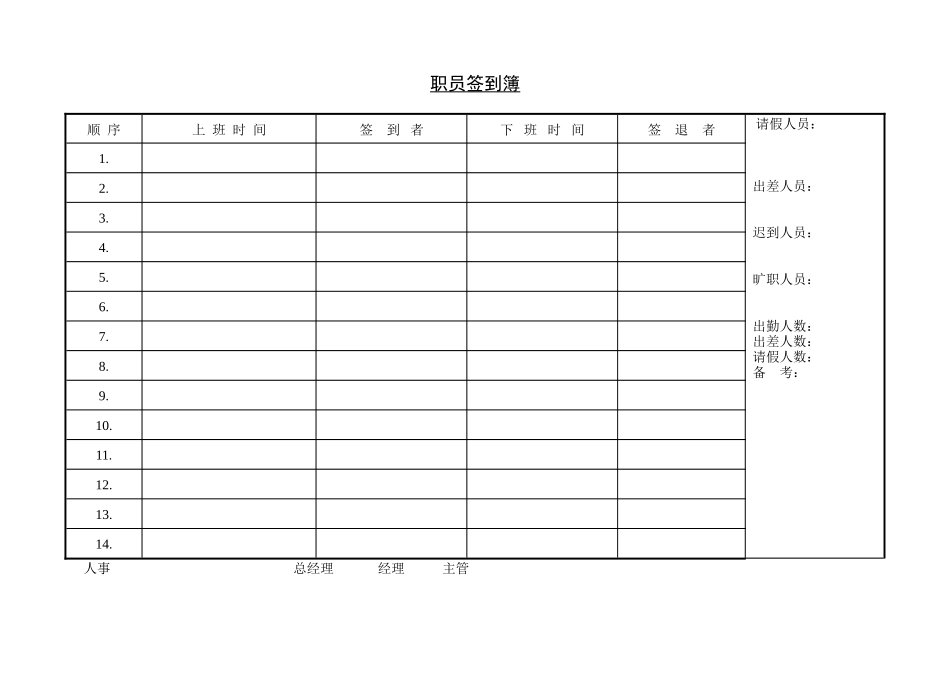 企业管理_企业管理制度_03-【行业案例】-公司管理制度行业案例大全_加班与考勤（18个）_职员签到簿_第1页