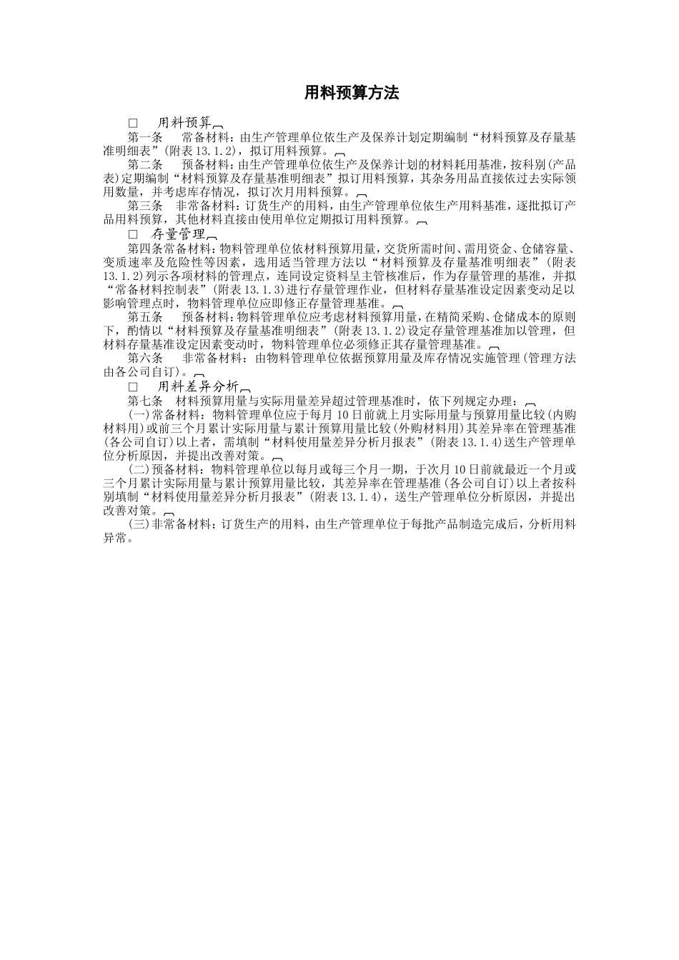 企业管理_企业管理制度_03-【行业案例】-公司管理制度行业案例大全的副本_仓库管理_库存量管理制度_用料预算方法_第1页