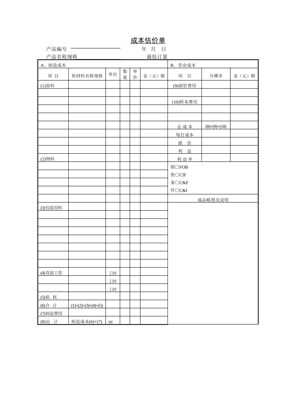 企业管理_企业管理制度_03-【行业案例】-公司管理制度行业案例大全的副本_管理表格_企业管理表格大全_《企业管理表格大全－市场管理篇》_价格评估_成本估价单2.DOC_第1页