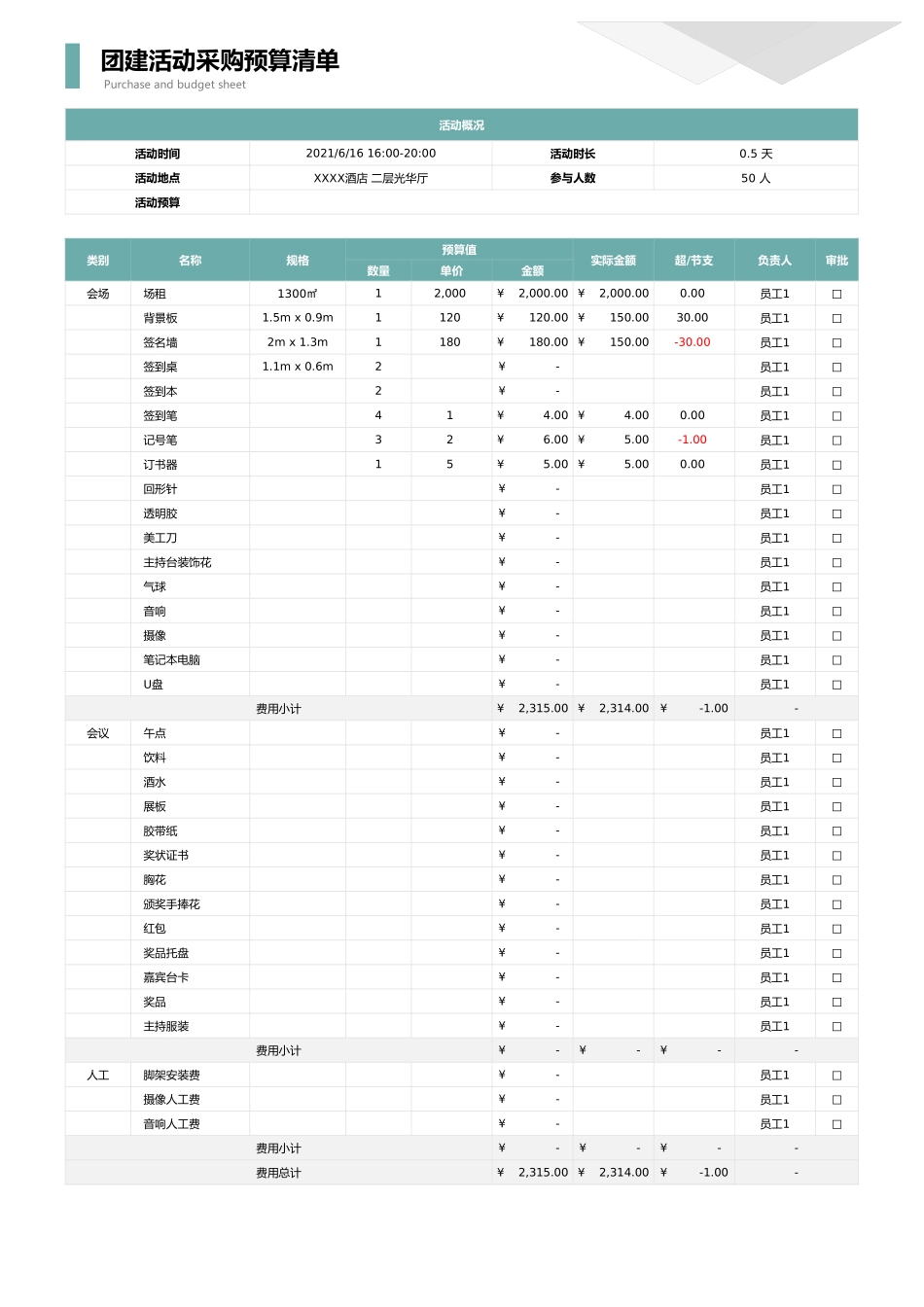 企业管理_行政管理制度_19-员工活动_1-员工团建_07-团建活动采购预算清单_第1页