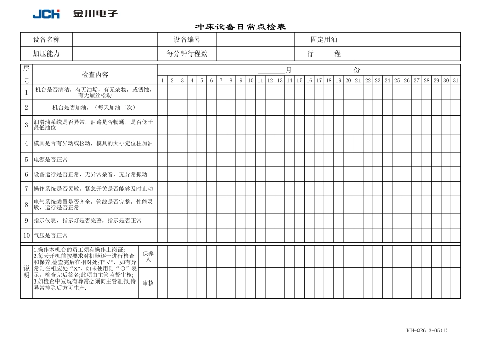 企业管理_质量管理体系（ISO9000标准制定）_QR6.3-05（1）冲床设备日常点检表_第1页