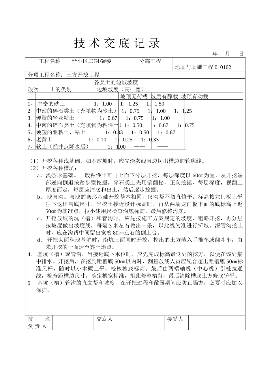 小区二期6#楼地基与基础工程土方开挖工程技术交底记录_第2页