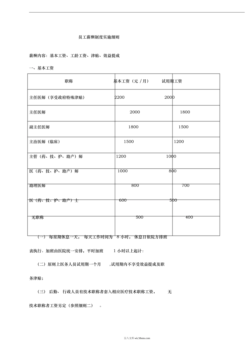 医院员工薪酬制度实施细则_第1页