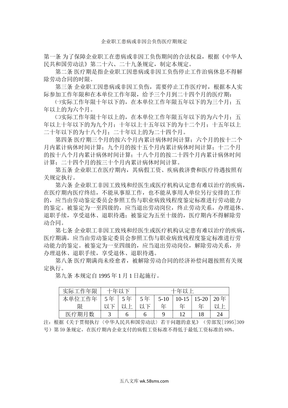 企业职工患病或非因公负伤医疗期规定_第1页