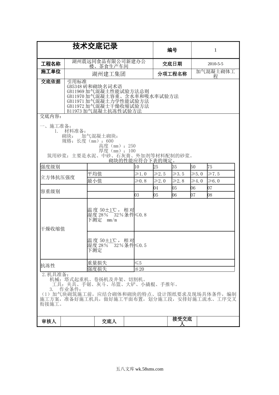 新建办公楼、茶食生产车间加气混凝土砌体工程技术交底_第1页