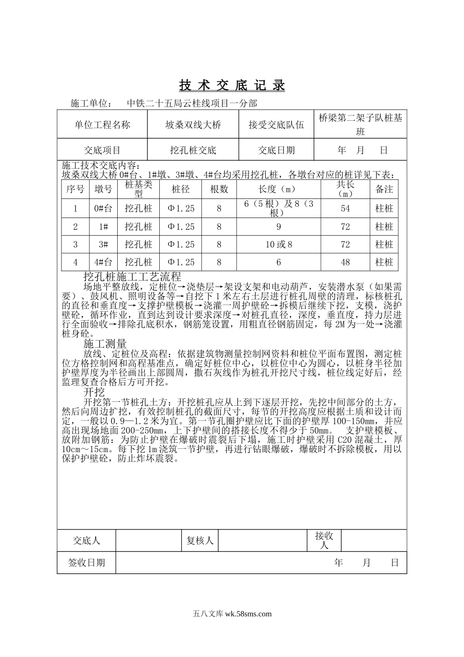 双线大桥挖孔桩技术交底记录_第1页