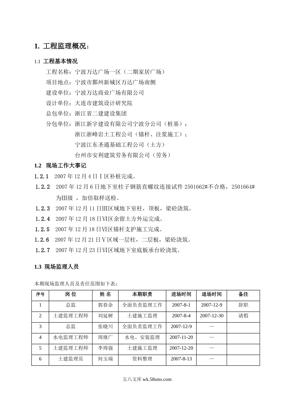 宁波万达广场一区（二期家居广场）工程监理月报_第1页