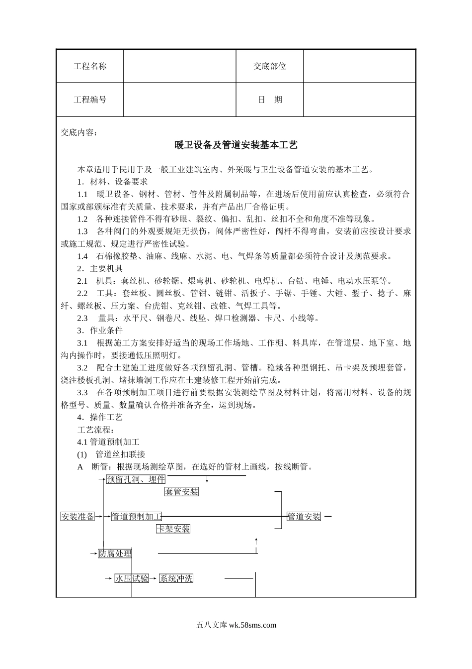 暖卫设备及管道安装基本工艺技术交底_第1页