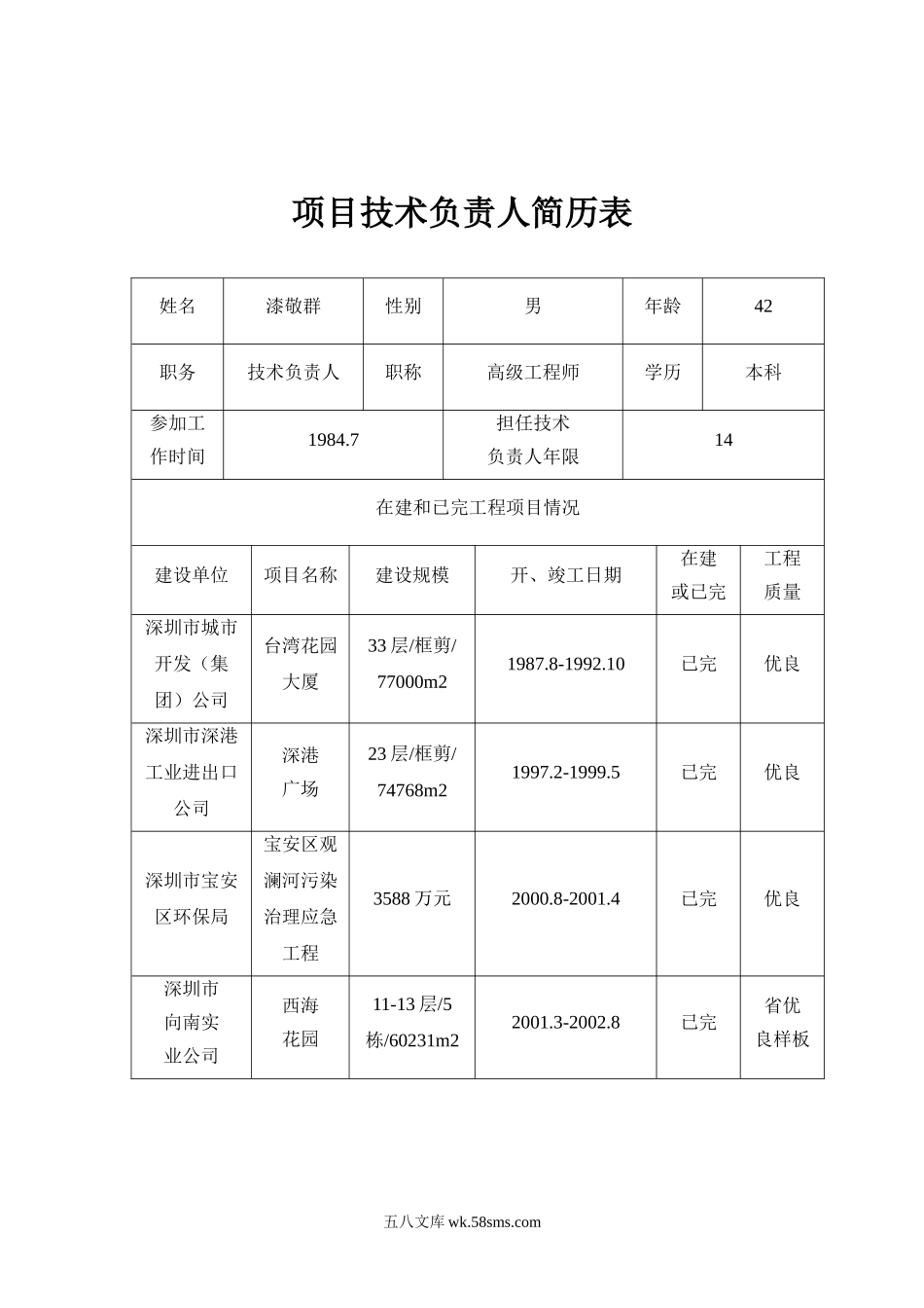 项目技术负责人简历表21_第1页