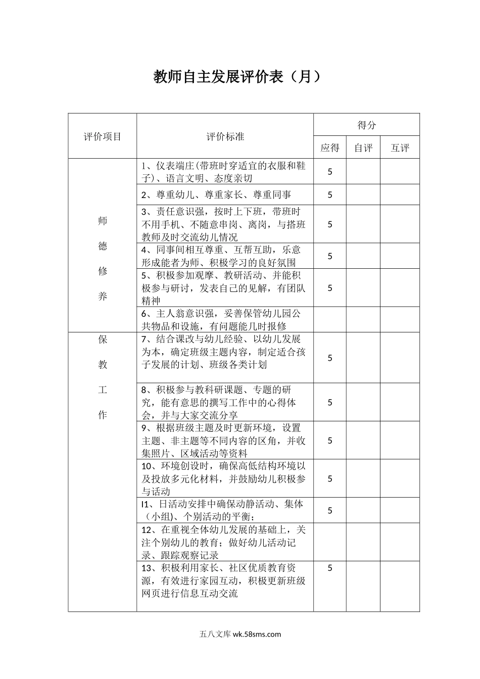 教师自主发展评价表（月）.docx_第1页