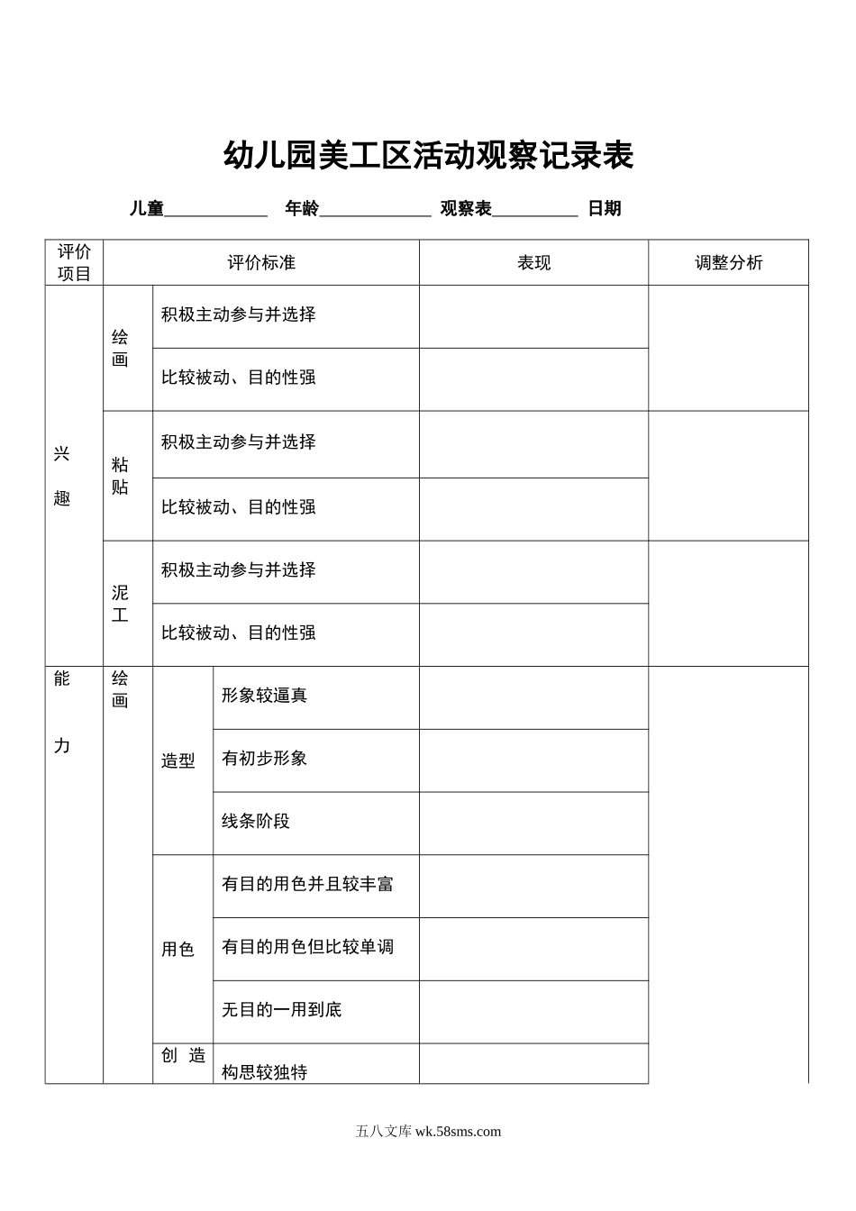 幼儿园美工区活动观察记录表.doc_第1页