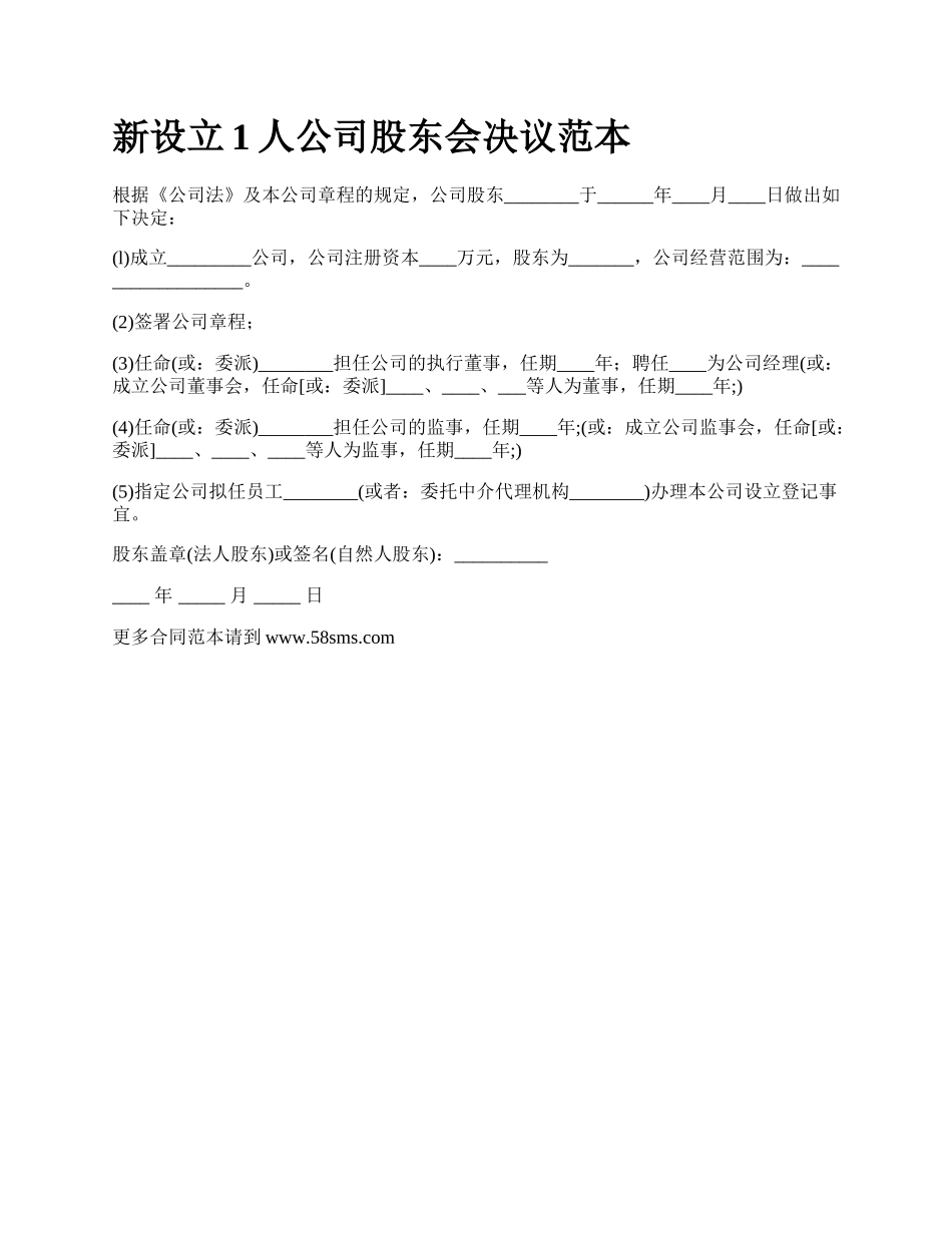 新设立1人公司股东会决议范本.docx_第1页