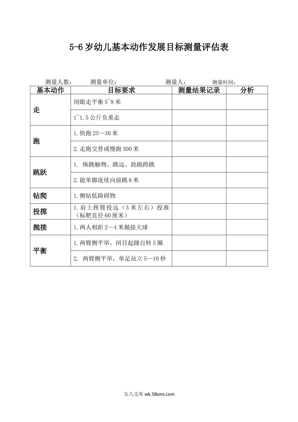 幼儿园5-6岁幼儿基本动作发展目标测试评估表.doc_第1页