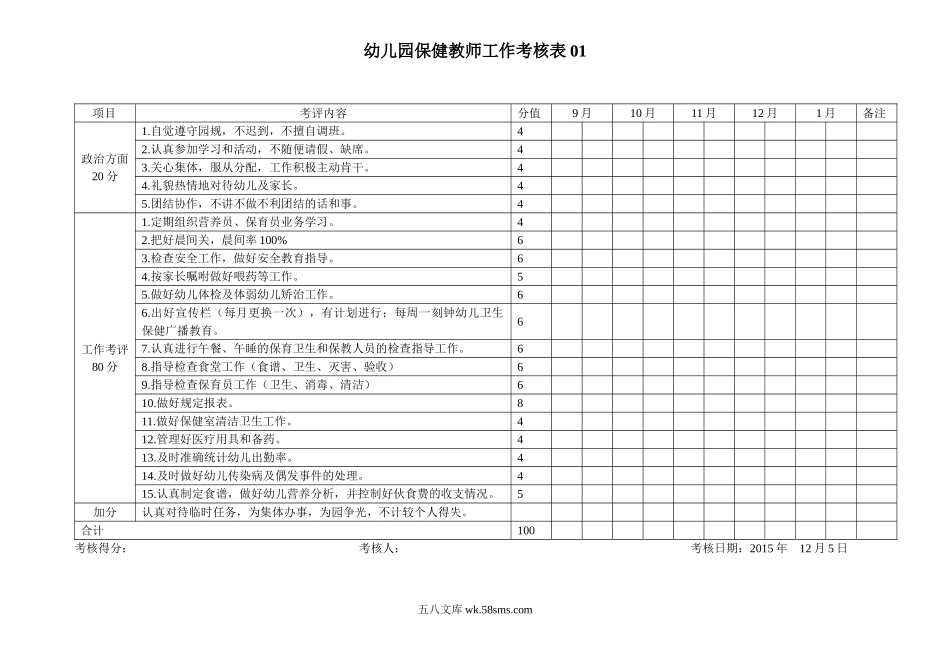 幼儿园8.保健老师工作考核表 2表.doc_第1页