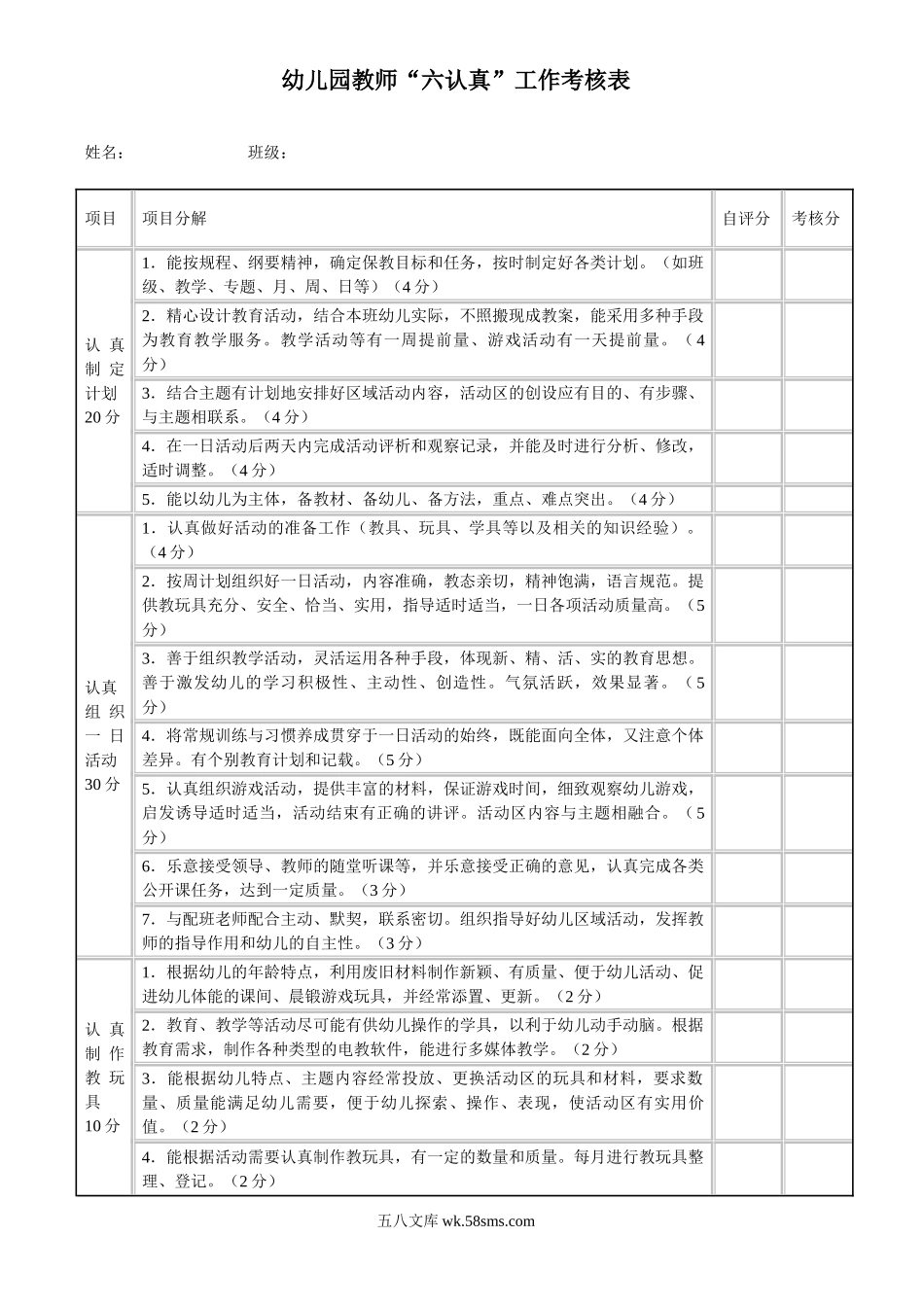 幼儿园14.教师'六认真'工作考核表.doc_第1页