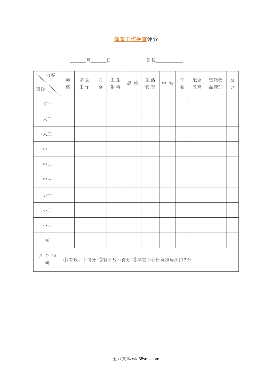 幼儿园保育工作检查评分.doc_第1页