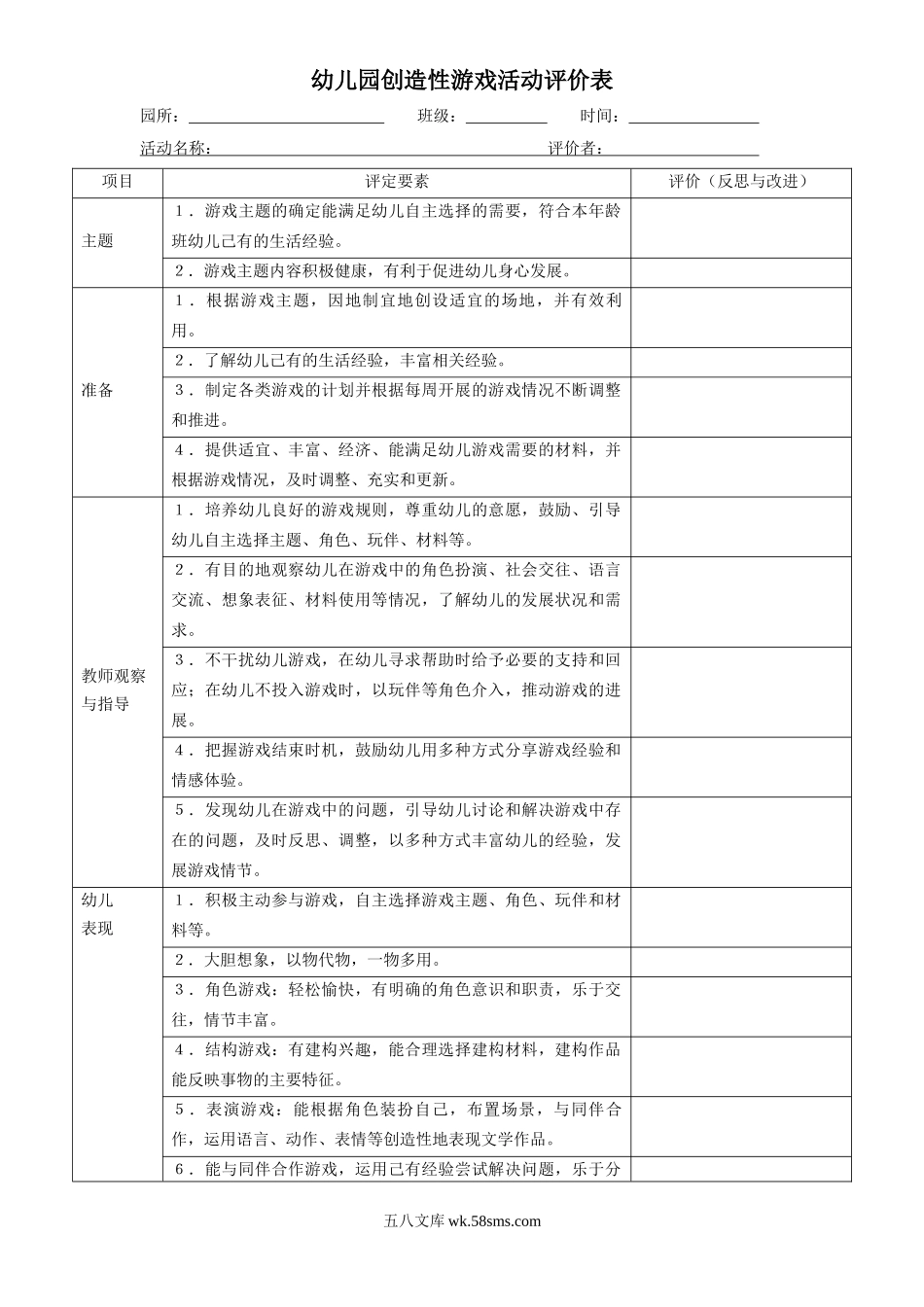 幼儿园创造性游戏活动评价表.doc_第1页