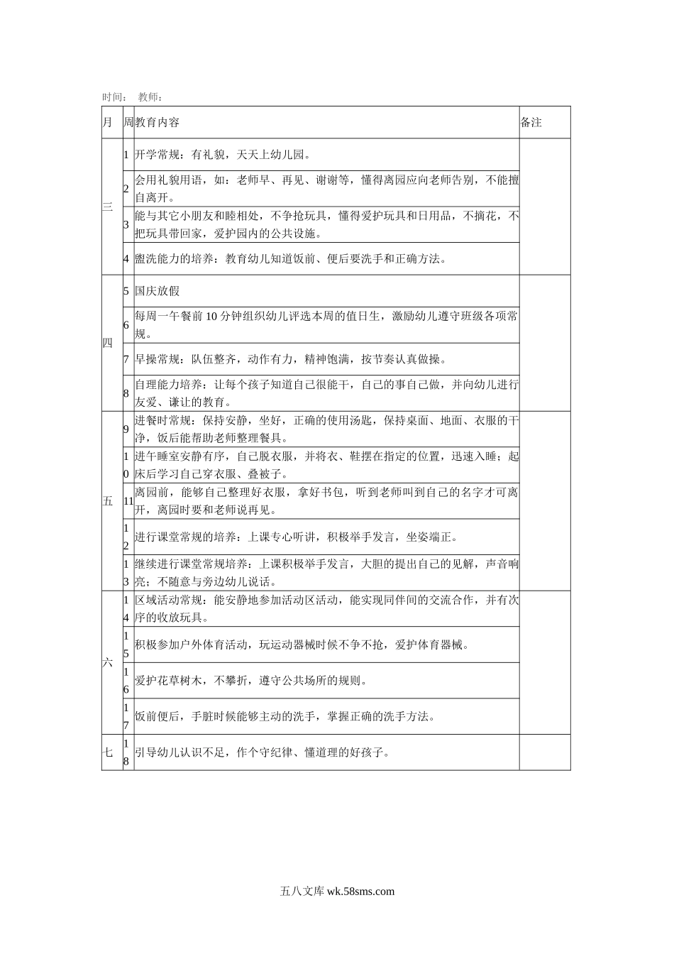 幼儿园大一班常规教育计划表.doc_第1页