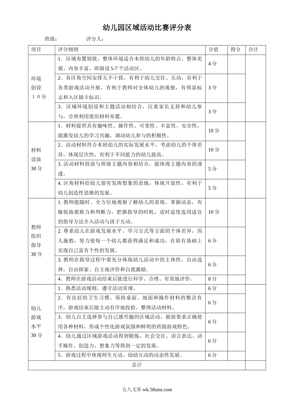 幼儿园区域活动比赛评分表.doc_第1页