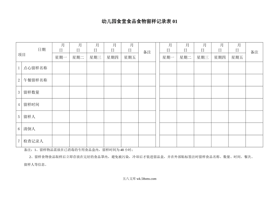 幼儿园食堂食品食物留样记录表 3表.doc_第1页