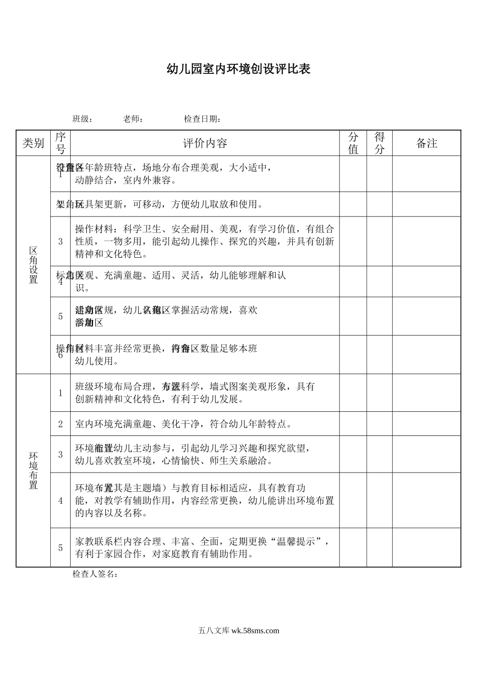 幼儿园室内环境创设评比表.doc_第1页