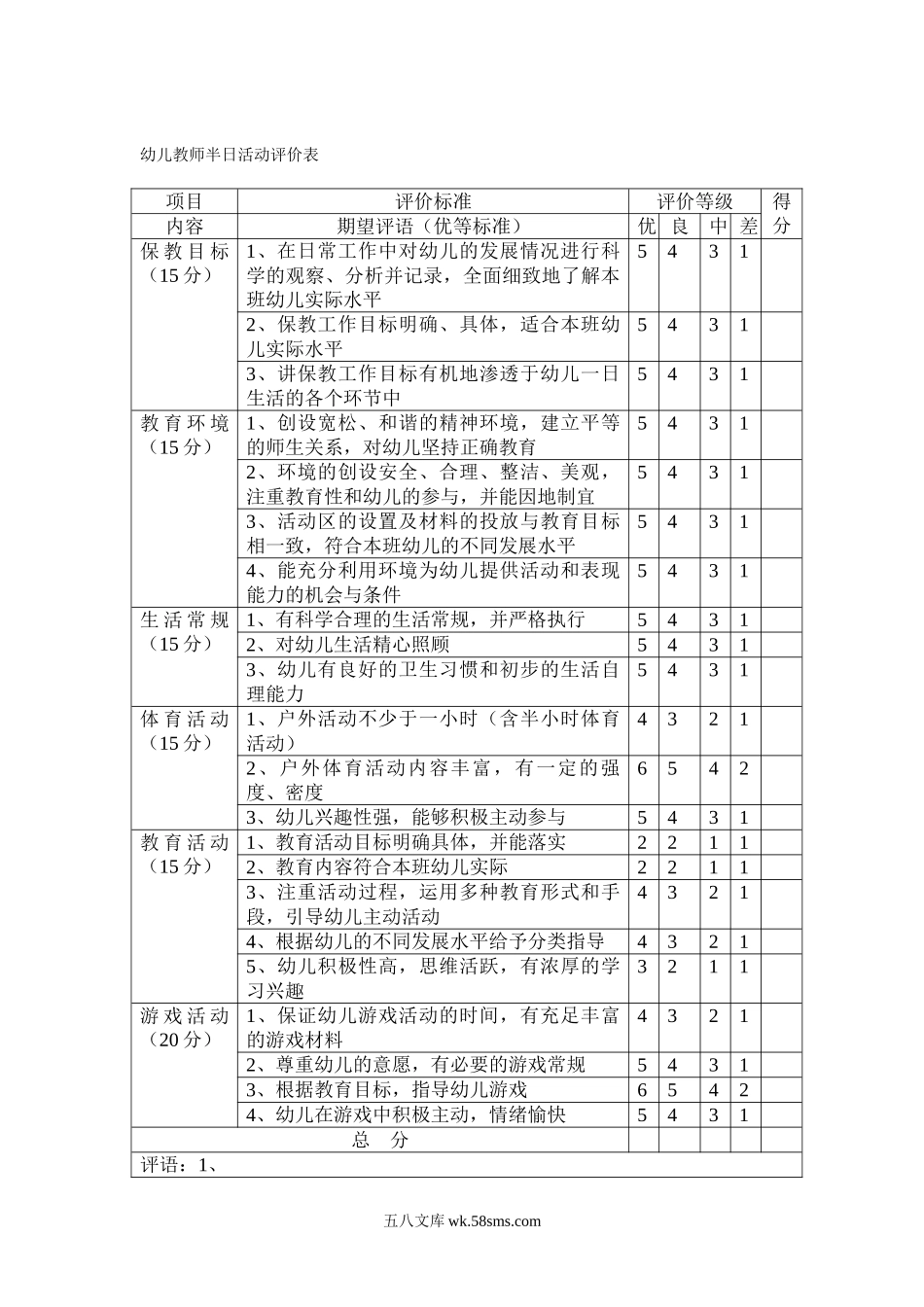 幼儿园幼儿教师半日活动评价表.doc_第1页