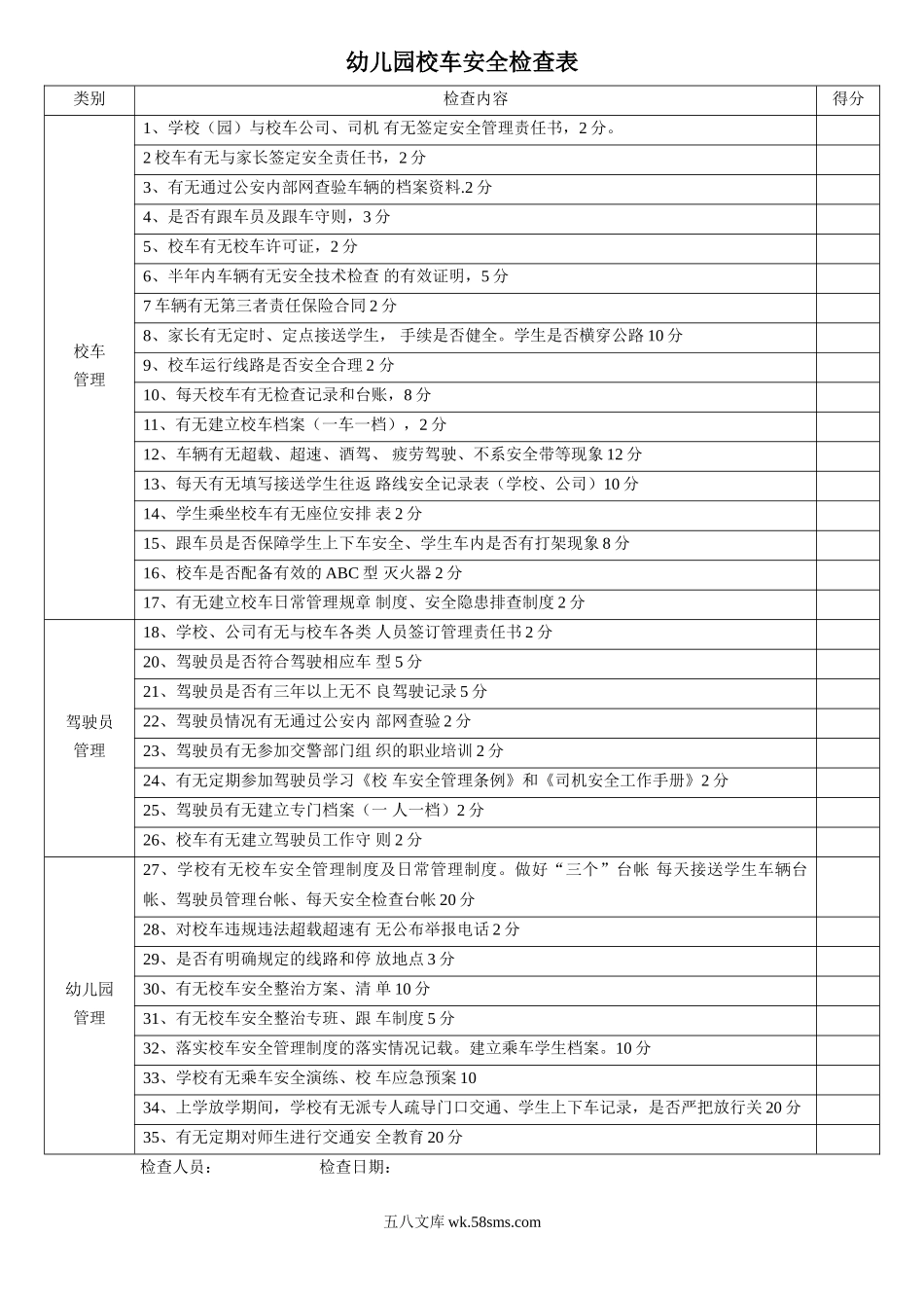 幼儿园幼儿园校车安全检查表.doc_第1页