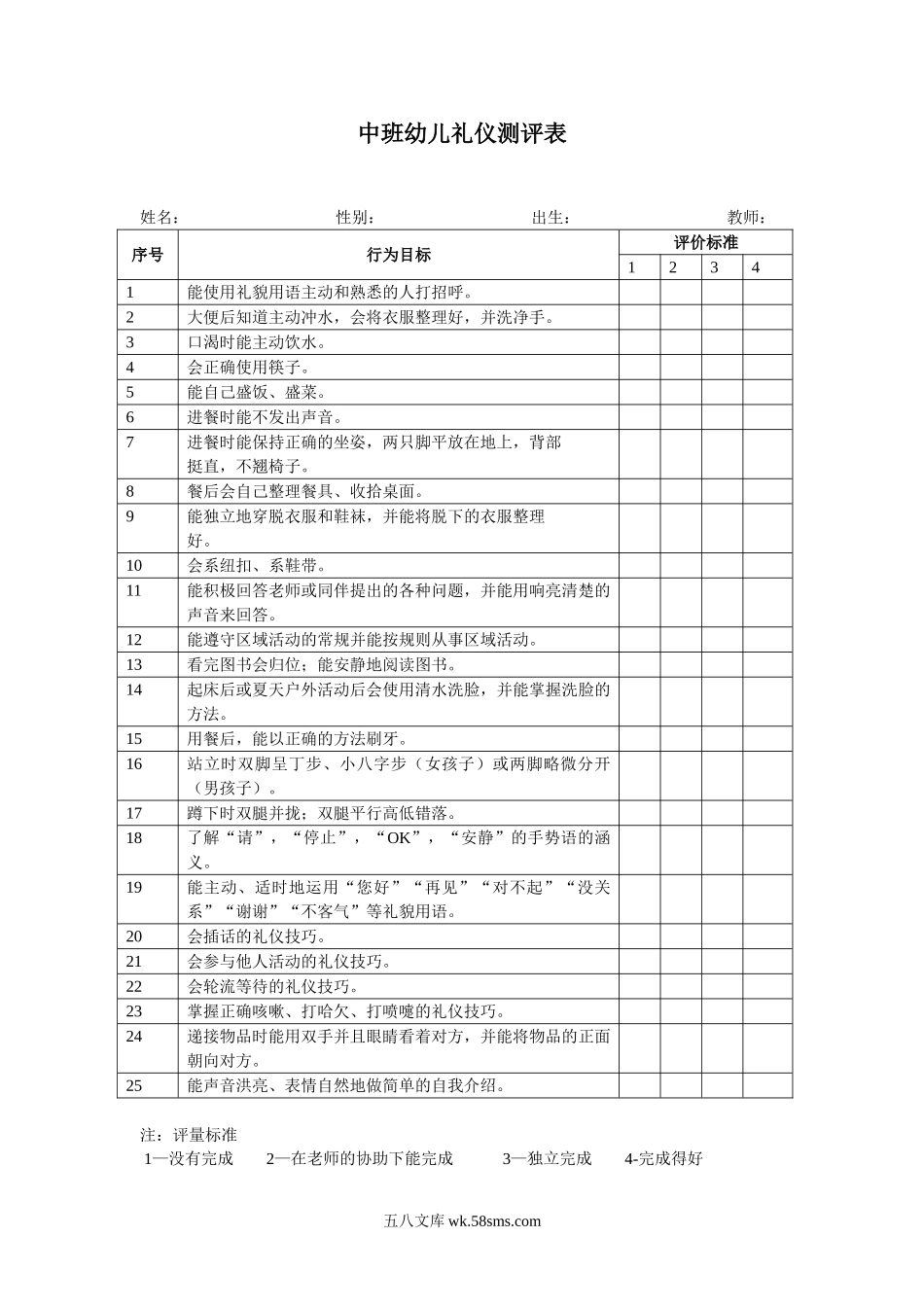 幼儿园中班幼儿礼仪测评表.doc_第1页