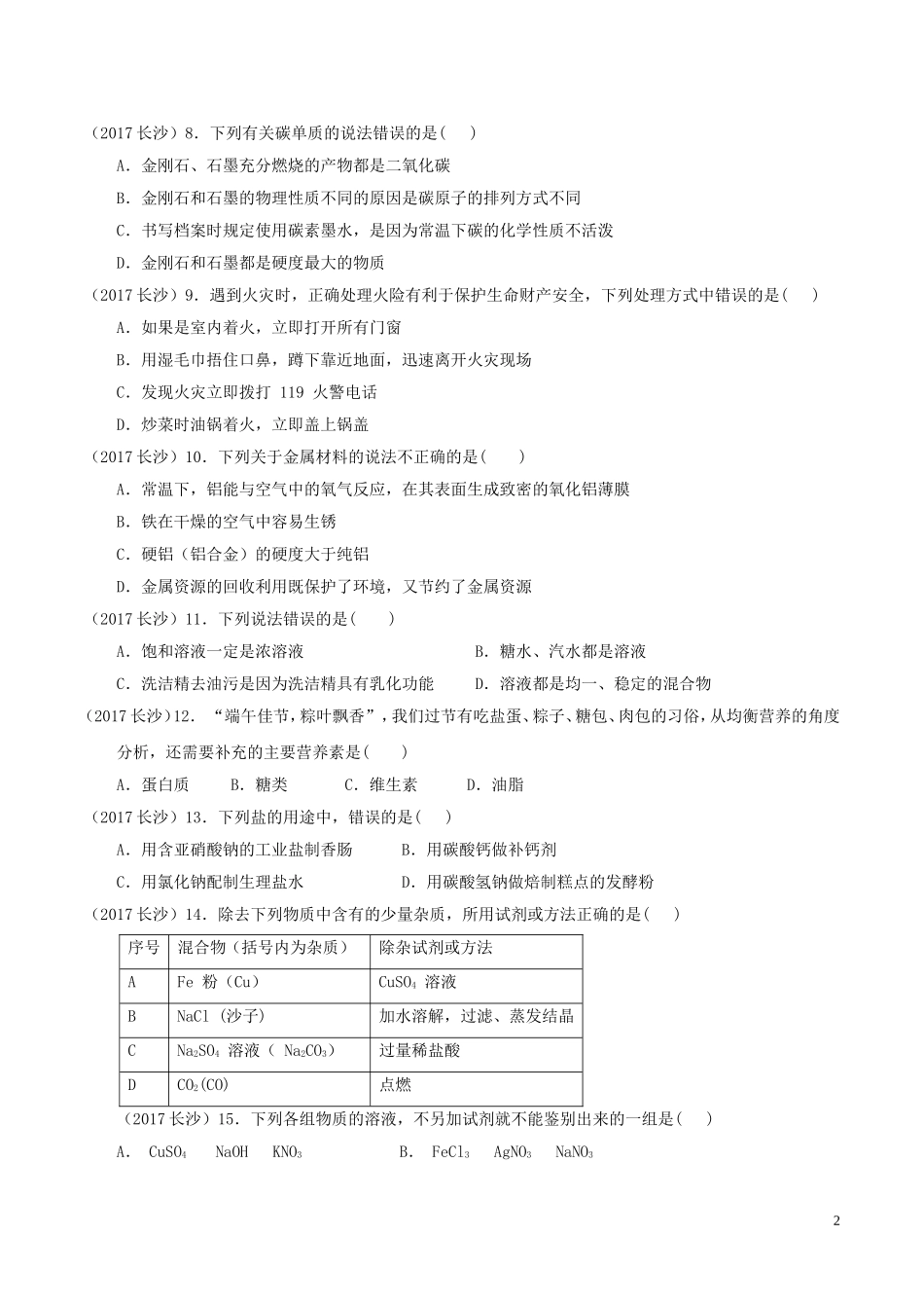 2017年湖南省长沙市中考化学真题及答案.doc_第2页