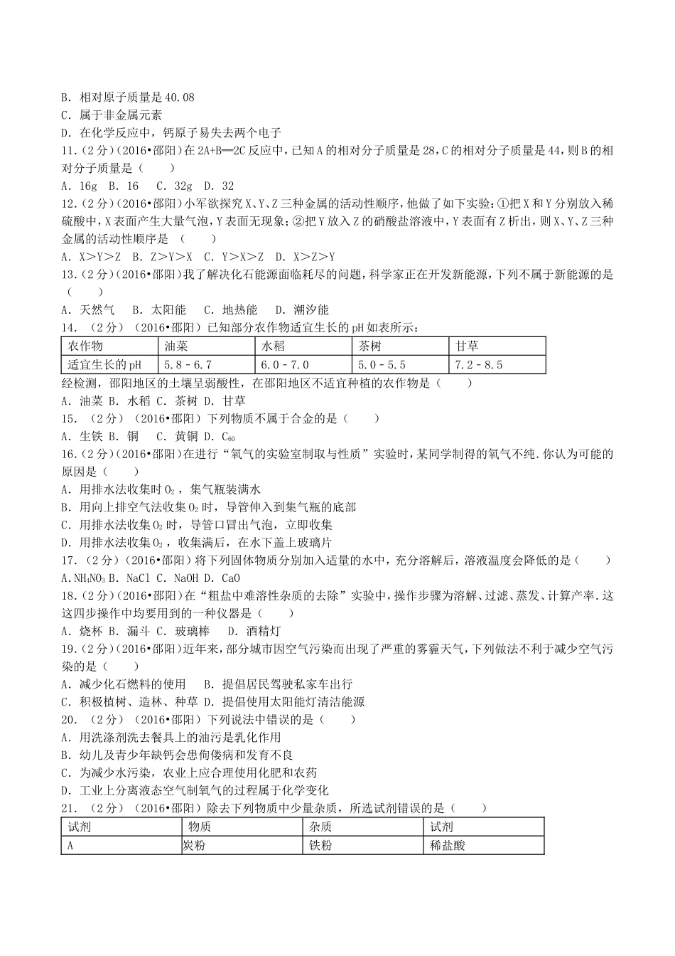 2016年湖南省邵阳市中考化学真题及答案.doc_第2页