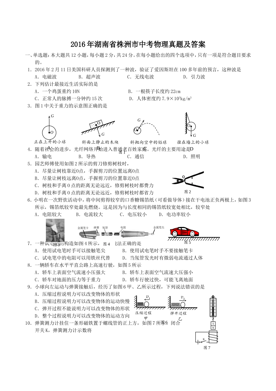 2016年湖南省株洲市中考物理真题及答案.doc_第1页