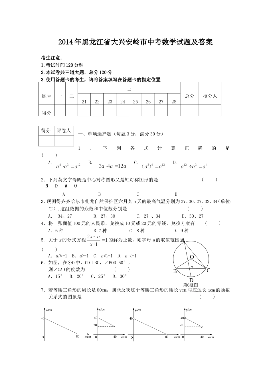 2014年黑龙江省大兴安岭市中考数学试题及答案.doc_第1页