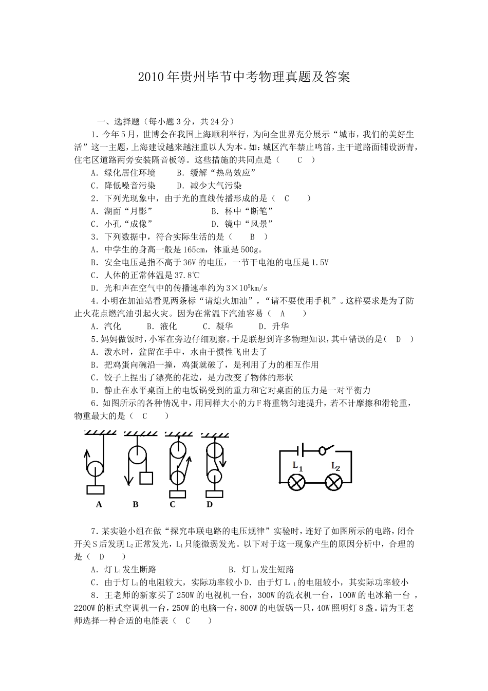 2010年贵州毕节中考物理真题及答案.doc_第1页