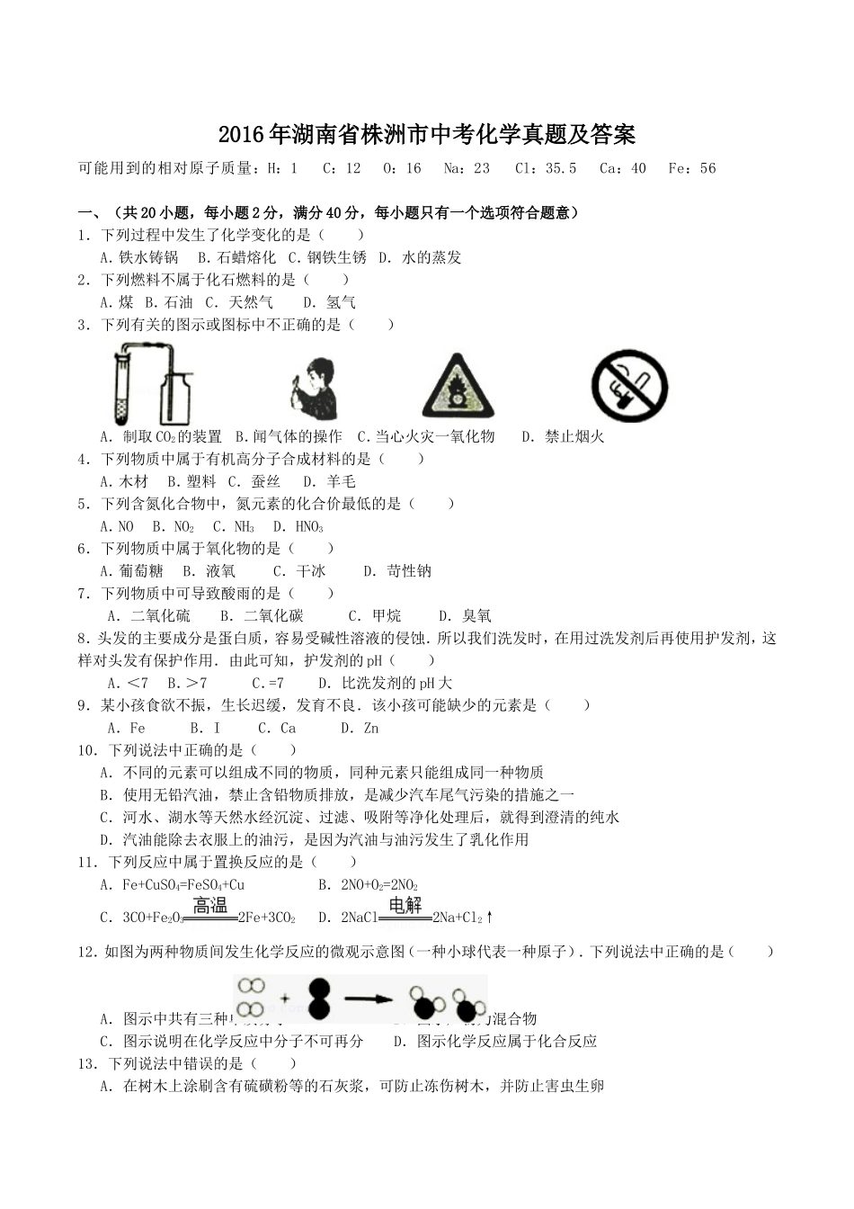 2016年湖南省株洲市中考化学真题及答案.doc_第1页