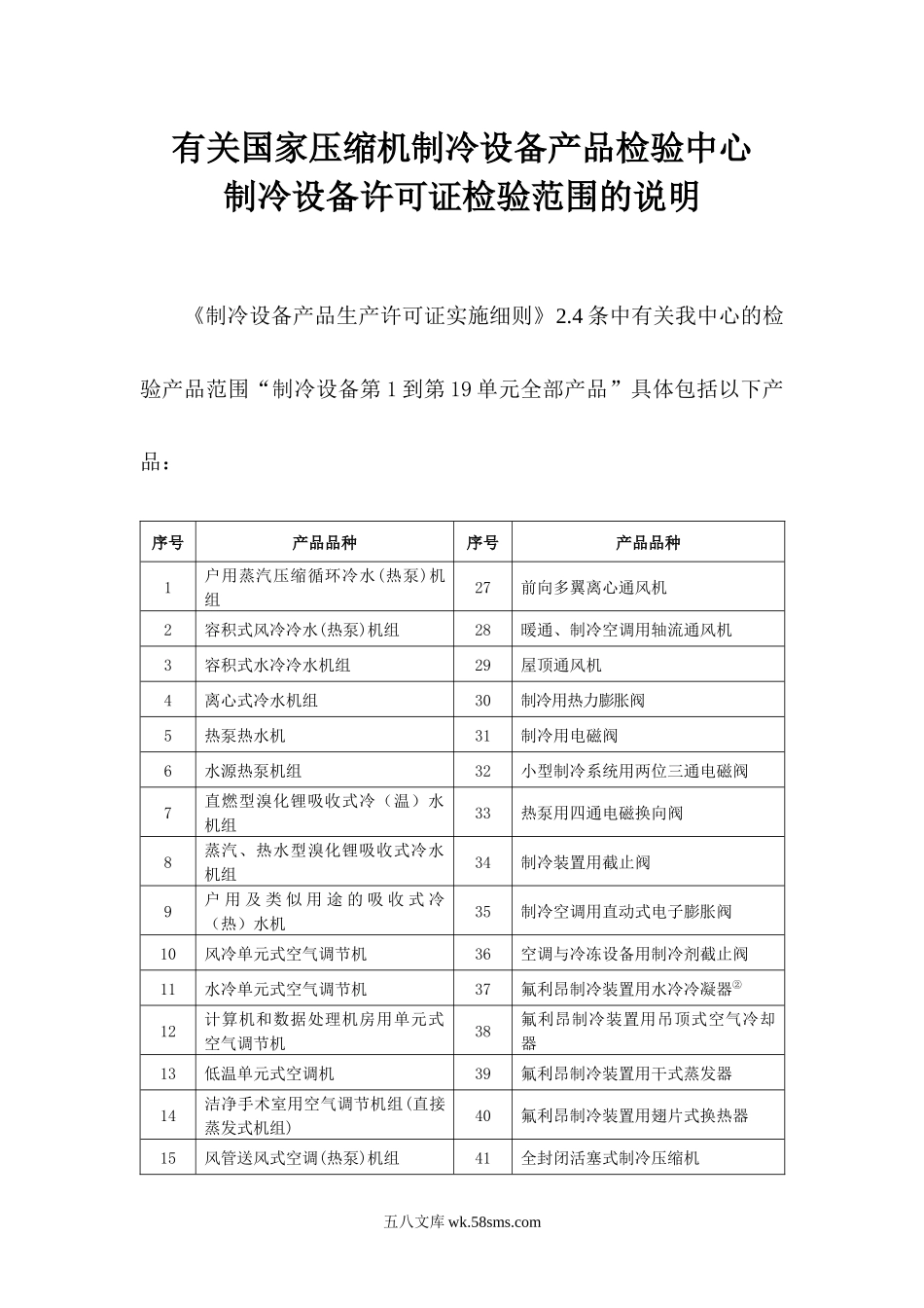 有关国家压缩机制冷设备产品检验中心制冷设备许可证检验范围的说明.docx_第1页