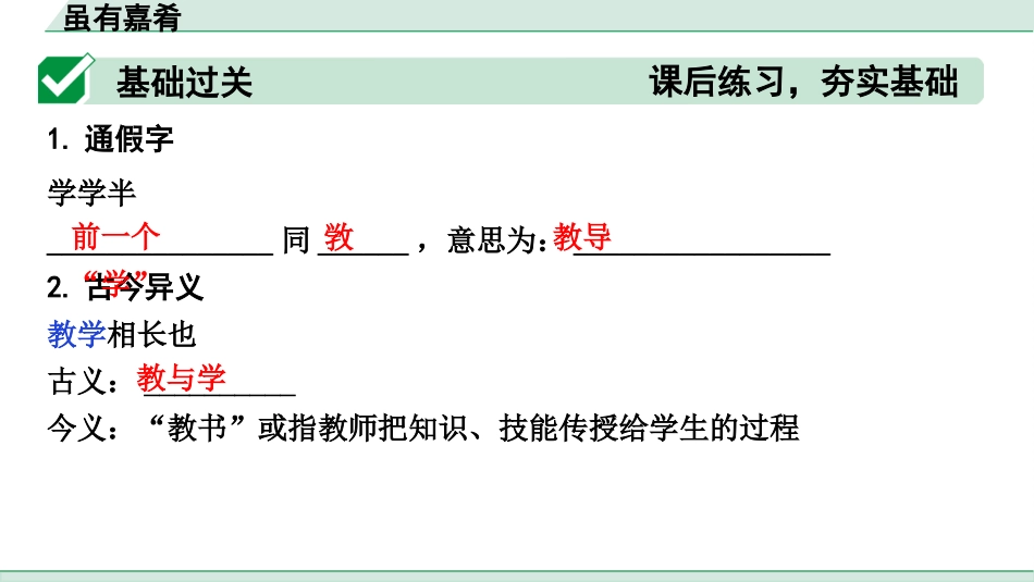 中考1.甘肃语文配套课件_2.第二部分  古诗文阅读_1.专题一  文言文阅读_2.一阶 课内文言文阅读_教材39篇文言文梳理及训练_15. 《礼记》二则_虽有嘉肴_虽有嘉肴（练）.pptx_第2页