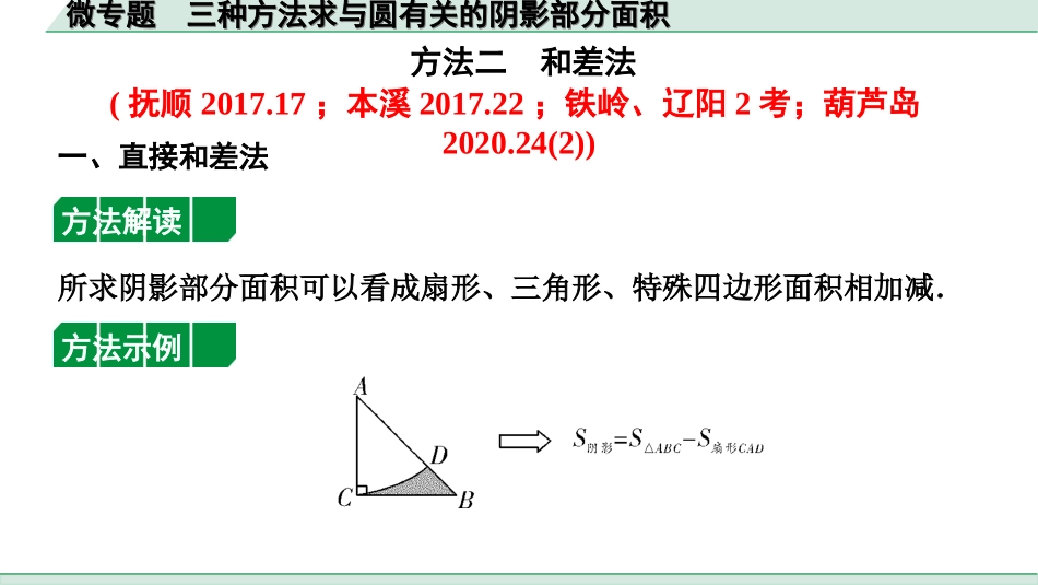 中考辽宁数学配套课件_1.精讲本_1.第一部分  辽宁中考考点研究_6.第六章  圆_6.微专题  三种方法求与圆有关的阴影部分面积_6.微专题  三种方法求与圆有关的阴影部分面积.ppt_第3页