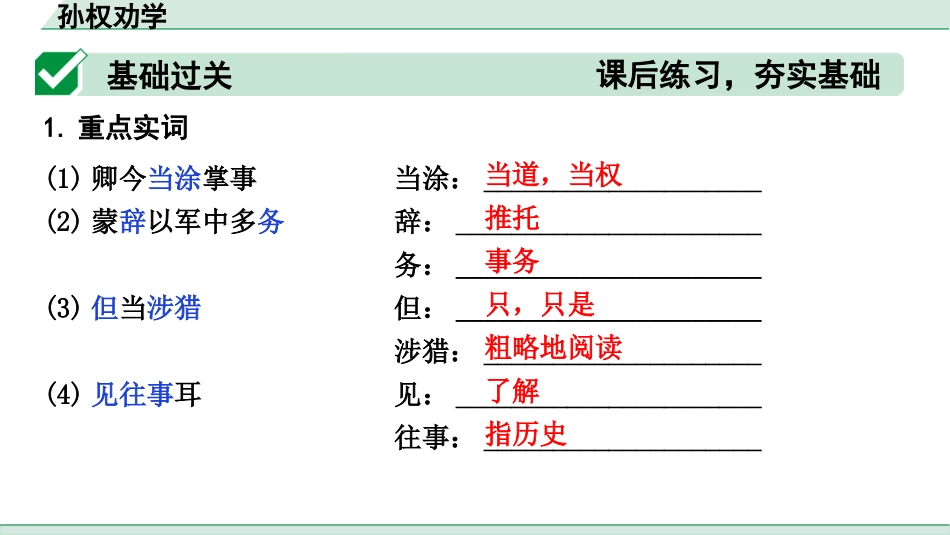 中考1.甘肃语文配套课件_2.第二部分  古诗文阅读_1.专题一  文言文阅读_2.一阶 课内文言文阅读_教材39篇文言文梳理及训练_23. 孙权劝学_孙权劝学（练）.pptx_第2页