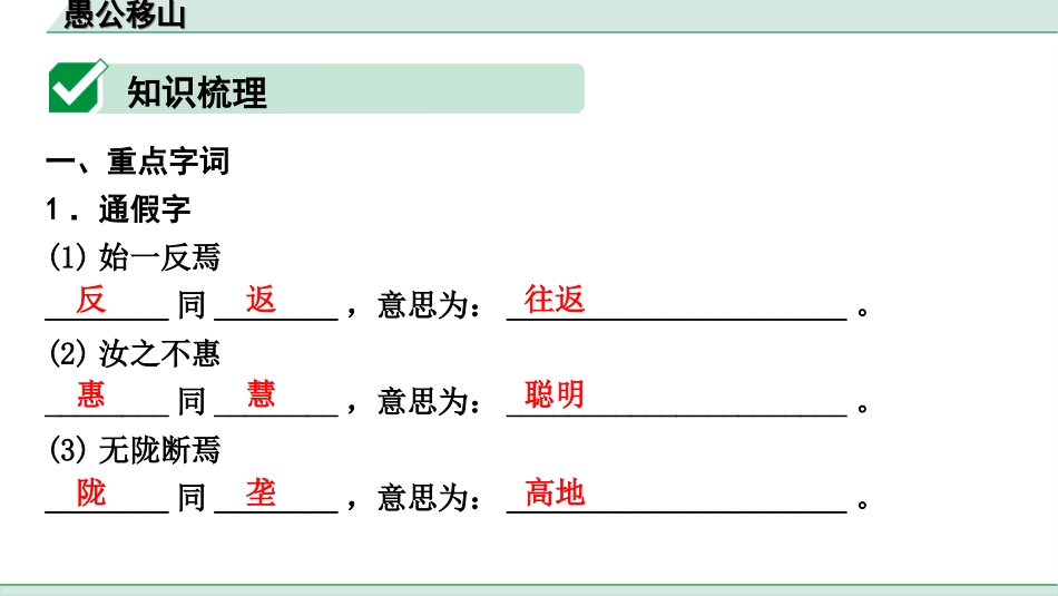 中考陕西语文配套课件_4.第四部分  古诗文阅读_专题一 文言文三阶攻关_一阶  教材九~七年级文言文分册梳理_第18篇　愚公移山_愚公移山（练）.ppt_第2页